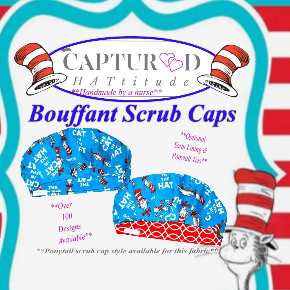 Womens Dr. Seuss Inspired Cat In The Hat Bouffant Scrub Cap